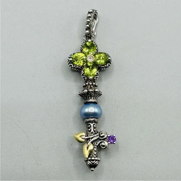 BARBARA BIXBY Sterling Silver with 18k Gold Leaves and Multi-stone Key Pendant - Picture 9 of 14